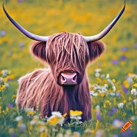 Highland Cow In Field With Flower Crown On Craiyon