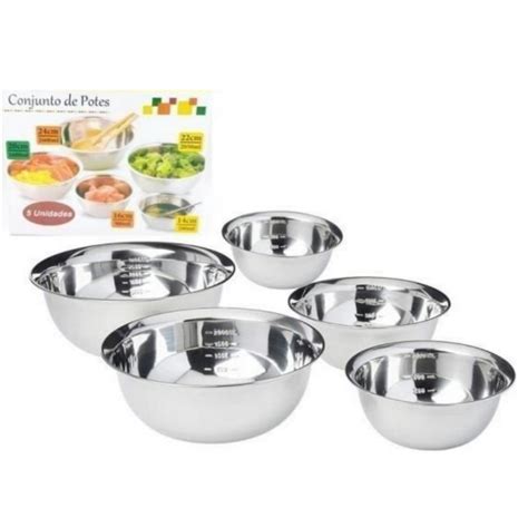 Conjunto De Potes De Inox Medidor Tigela Saladeira Bows Inox