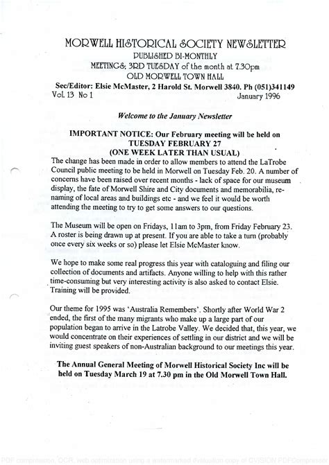 Newsletter January 1996 Morwell Historical Society