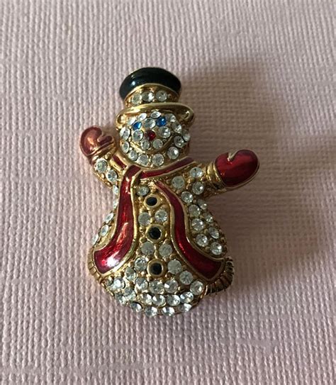 Vintage Snowman Brooch Signed Gem