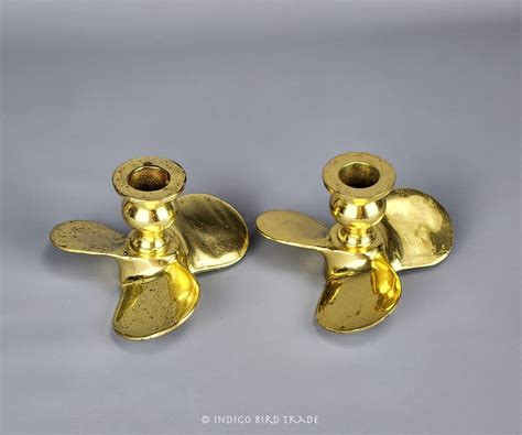 Pair Of Solid Brass Propeller Candlesticks Vintage Nautical Candle Holders Gold Metal Ship Boat