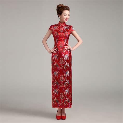 Elegant Brocade Long Qipao Cheongsam Dress Red