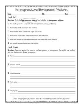 Homogeneous Vs Heterogeneous Mixture Worksheet