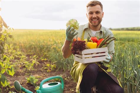 Homem Agricultor Feliz Segurando Cesta Legumes Frescos E Mostrando