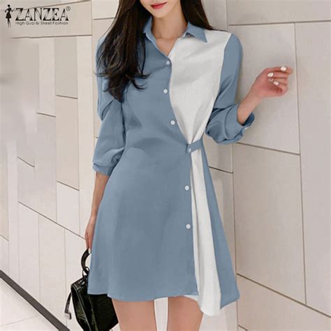 ZANZEA Korean Style Women Long Sleeve Collared Patchwork Office Work