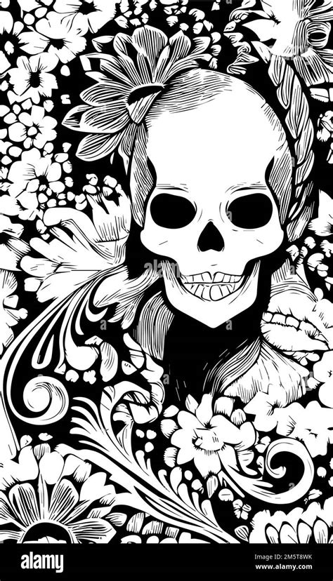 Female Candy Skull Tattoos Hand Drawn Vector Black And White Clip Art