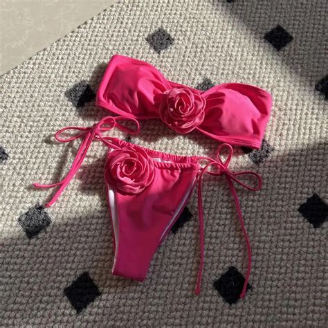 2Pcs Set Women Sexy Bikini Set Flower Decor Bandeau Bra Lace Up Swim Briefs Set Solid