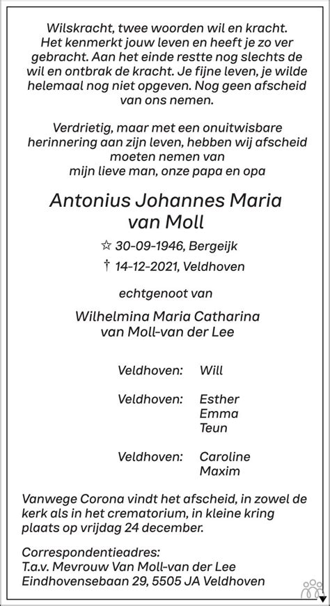 Antonius Johannes Maria Van Moll 14 12 2021 Overlijdensbericht En