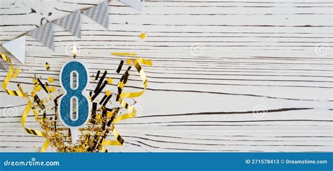 Number 8 Blue Celebration Candle On White Wooden Background Happy