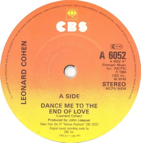 Leonard Cohen Dance Me To The End Of Love 1984 Vinyl Discogs