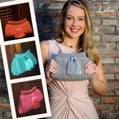 A Woman Holding Up A Crocheted Purse In Front Of A Brick Wall With Four