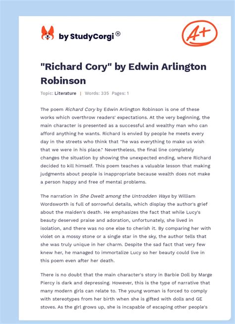 Richard Cory By Edwin Arlington Robinson Free Essay Example