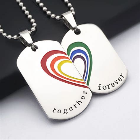 Stainless Steel Lesbian Gay Rainbow Heart Together Forever Necklace