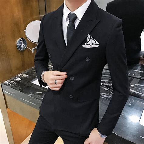 Costume Double Boutonnage Homme Men Solid Color Slim 3Pcs Suits Casual