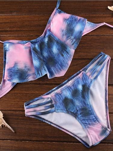 Blue Halter Tie Dye Print Ruffle Bikini Top And Strappy Bottom Chiclookcloset