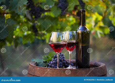 Two Glasses Of Red Wine And Bottle Stock Photo Image Of Wine