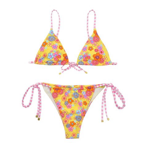 Usnsm Sexy Two Piece Floral Print Bikini Set For Women Tie Back Padded Microkini Top With Side