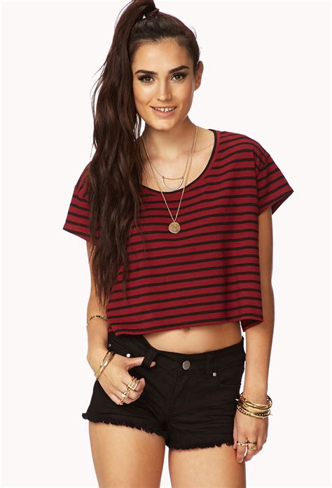 Forever 21 Boxy Striped Crop Top In Red Burgundy Black Lyst