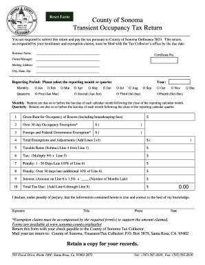 Fillable Online Sonoma County Transient Occupancy Tax Return Form