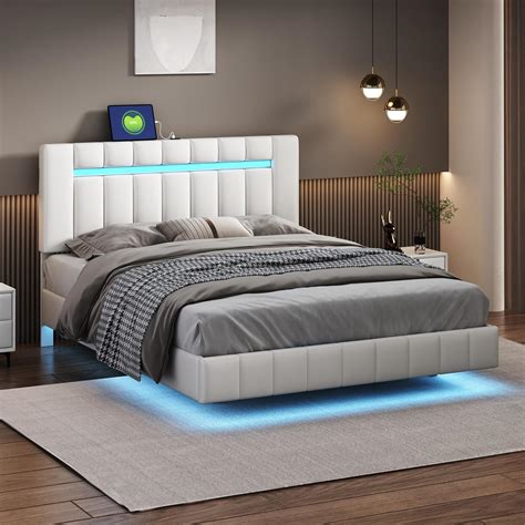 Base de cama flotante tamaño Queen con luces LED y carga USB moderna