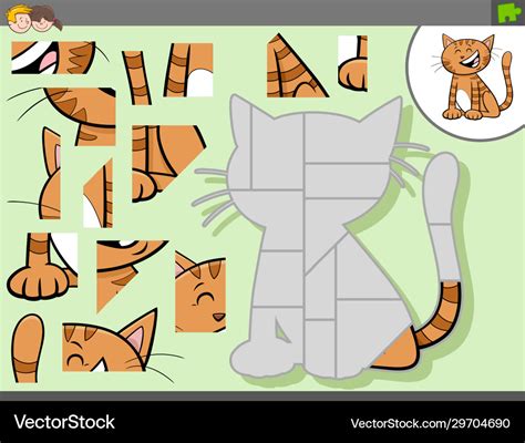 Jigsaw Puzzle Game With Cartoon Cat Character Vector Image