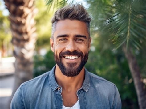 Premium Photo Handsome Hispanic Man With Beard Smiling Happy Outdoors