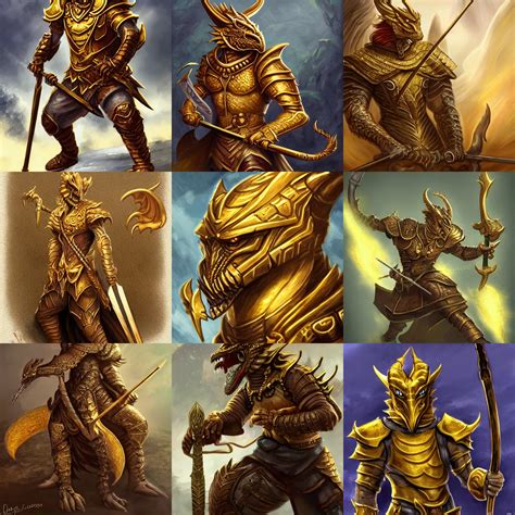 Golden Dragonborn Wielding A Spear Character Art Stable Diffusion