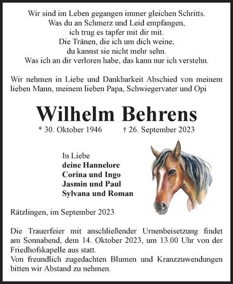 Traueranzeigen Von Wilhelm Behrens Abschied Nehmen De