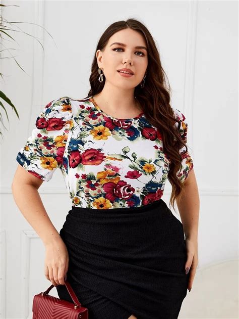 Shein Plus Puff Sleeve Floral Print Top Tops Plus Size Tops Plus