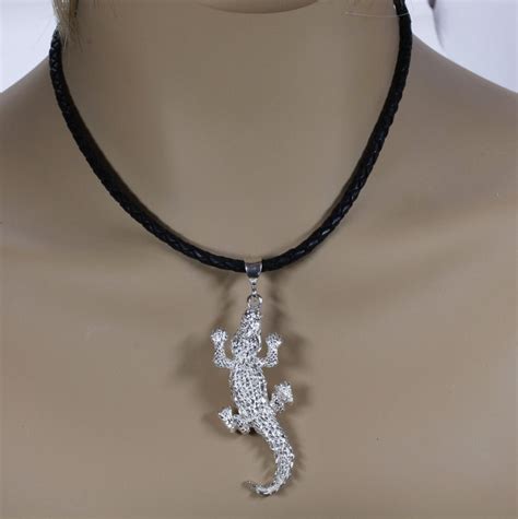 Giant Size Alligator Necklace On Leather Cord In 925 Sterling Silver