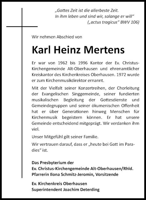 Traueranzeigen Von Karl Heinz Mertens Trauer In NRW De