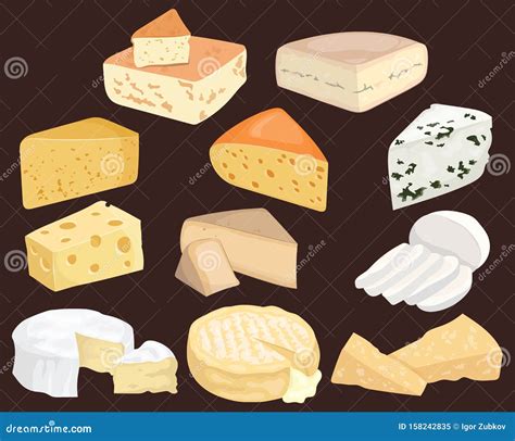 Set Of Cheeses Collection Of Cartoon Cheeses Dairy Cheese Types