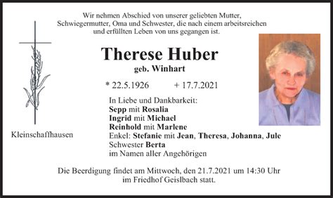 Traueranzeigen Von Therese Huber Trauer Merkur De