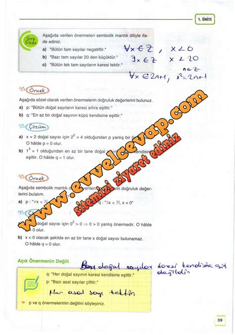 9 Sınıf Matematik Eksen Yayınları Ders Kitabı Cevapları Sayfa 39