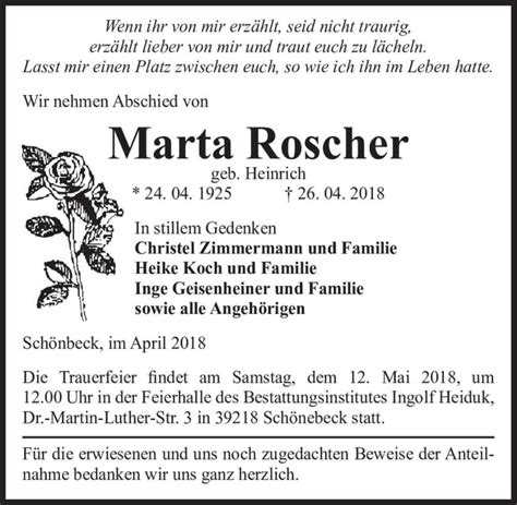 Traueranzeigen Von Marta Roscher Geb Heinrich Abschied Nehmen De