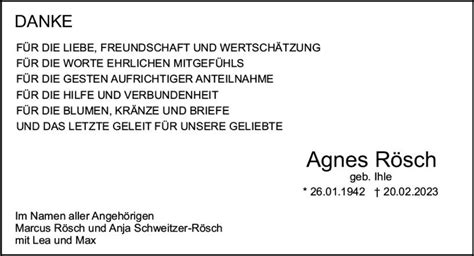 Traueranzeigen von Agnes Rösch vrm trauer de