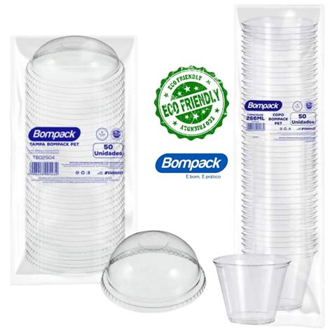 Kit 50un Copo 266ml Pet Transparente 9 OZ 98 Tampa Bolha SEM Furo Bompack