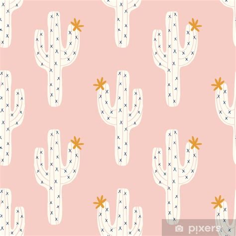 Póster Vector patrón de cactus sin fisuras con cactus blanco y flores