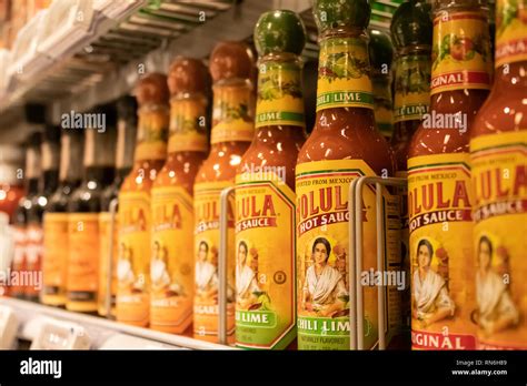 Hot Sauce On A Shelf In A Supermarket Stock Photo Alamy
