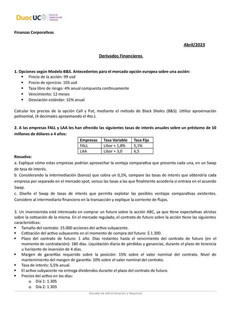 Guía 4 ejercicios Finanzas Corporativas Abril Derivados