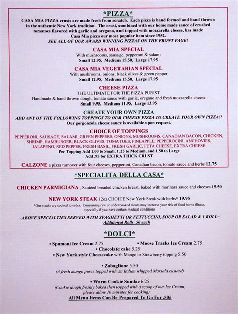 Menu at Yelm Casa Mia pizzeria, Yelm