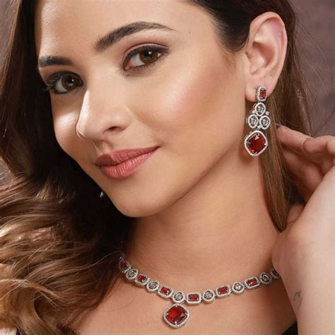 Saraf RS Jewellery Silver Plated Red CZ Studded Statement Necklace