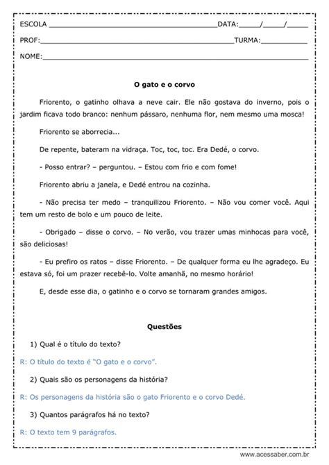 Gabarito Interpretação De Texto O Gato E O Corvo 3º Ou 4º Ano Com