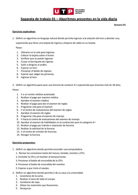 Tarea Algoritmos Utp Primeros Ejercicios Separata De Trabajo