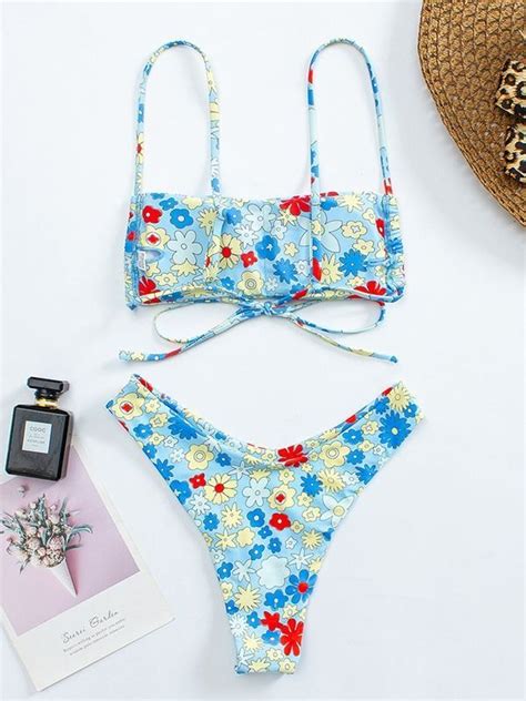 Emmiol Free Shipping Tie Back Floral Print Bikini Set Blue M In