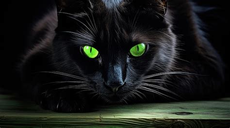 Premium Photo | A photo of a black cat with bright green eyes dark room