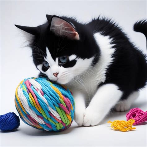 Premium Ai Image A Black And White Cat Playing With A Ball Of Yarn