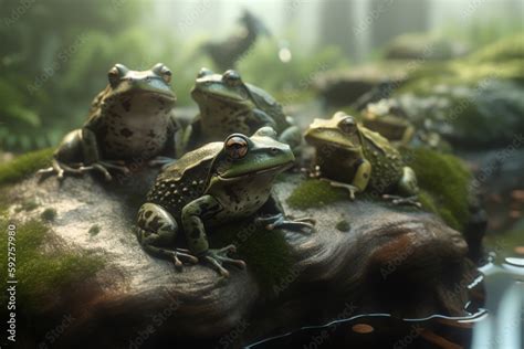 A detailed illustration of a group of amphibians in their natural habitat, Generative AI Stock ...