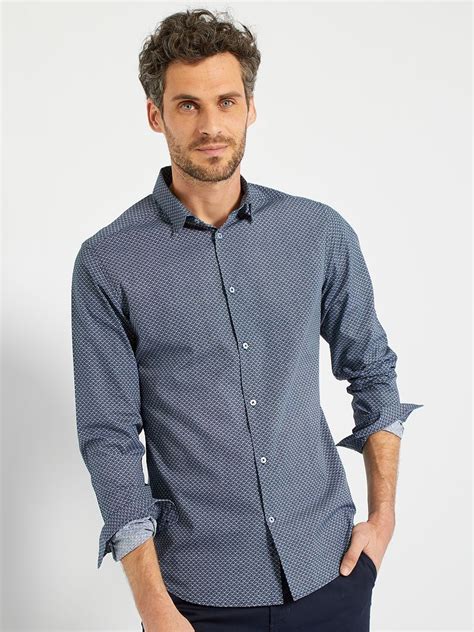 Camisa Fitted De Popelina De Lunares Azul Kiabi