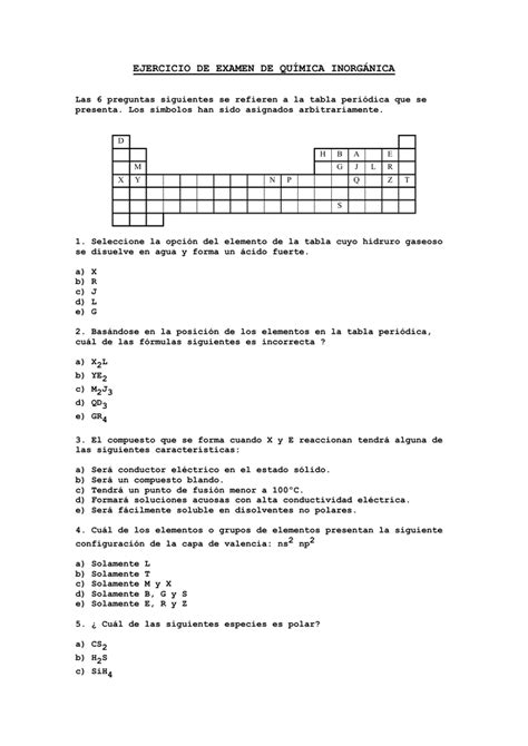 Ejercicio De Examen De Qu Mica Inorg Nica